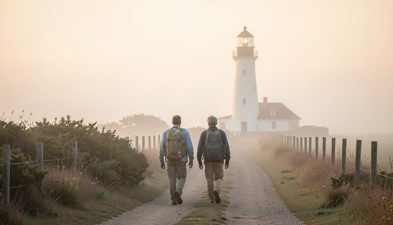 Dos peregrinos con mochila caminando por una pista rural con niebla hacia un faro atlantico.