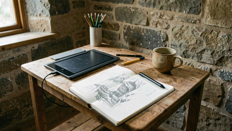 Mesa de trabajo de un estudio pequeno con tableta grafica, cuaderno de bocetos y portatil con una ilustracion costera, junto a una ventana de casa de piedra.